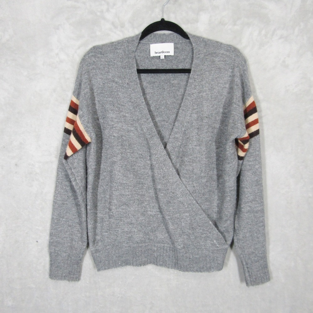 Heartloom Womens Gray Surplice Faux Wrap Sweater Striped Sleeves Size L 195S72VB